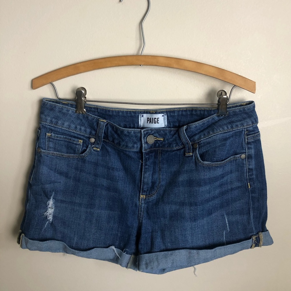 Paige Distressed Mid Rise Denim Shorts